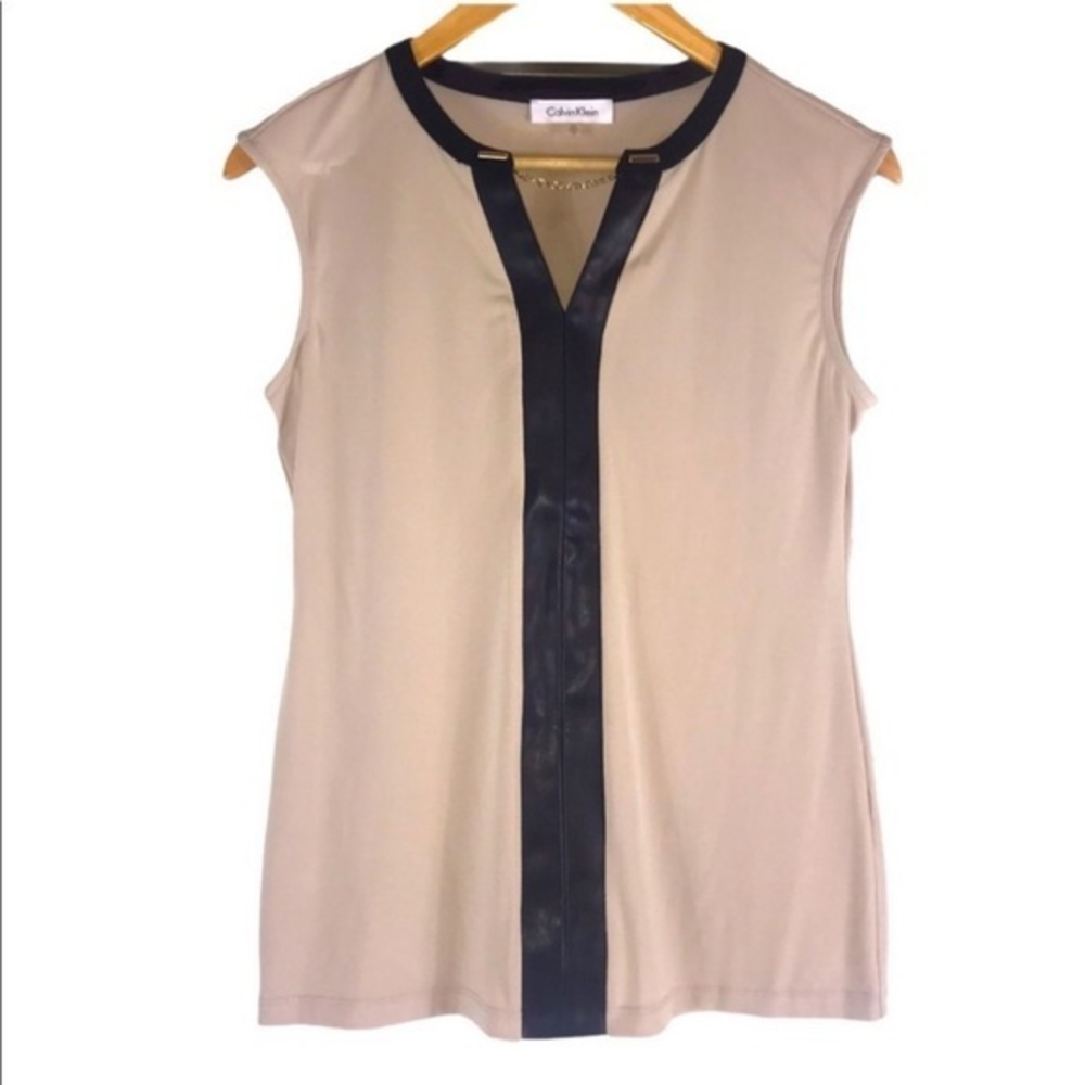 Calvin Klein XS taupe black trim gold bar keyhole‎ neck sleeveless career top